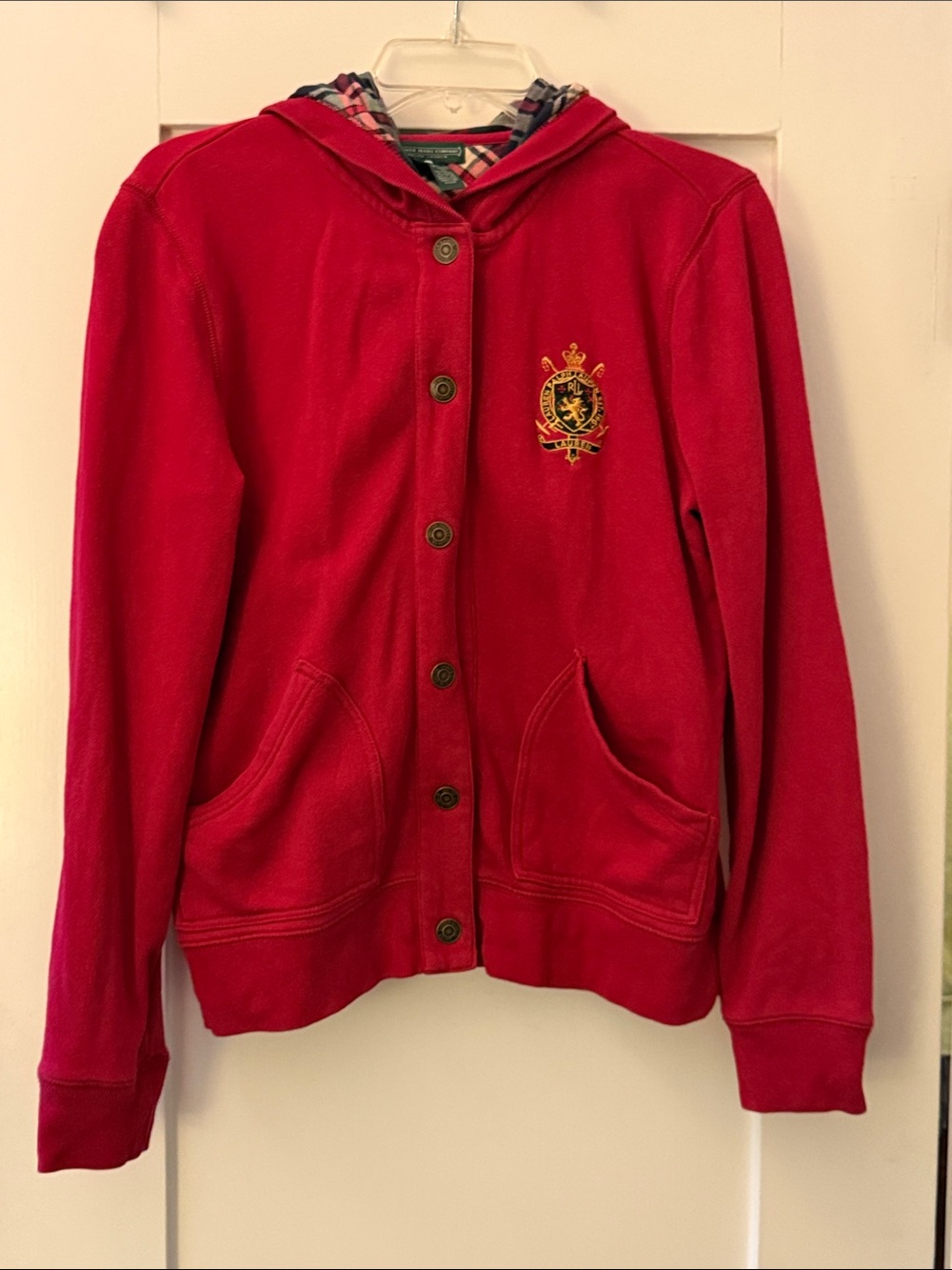 Lauren Ralph Lauren Red Hooded Button-Up Jacket with Crest